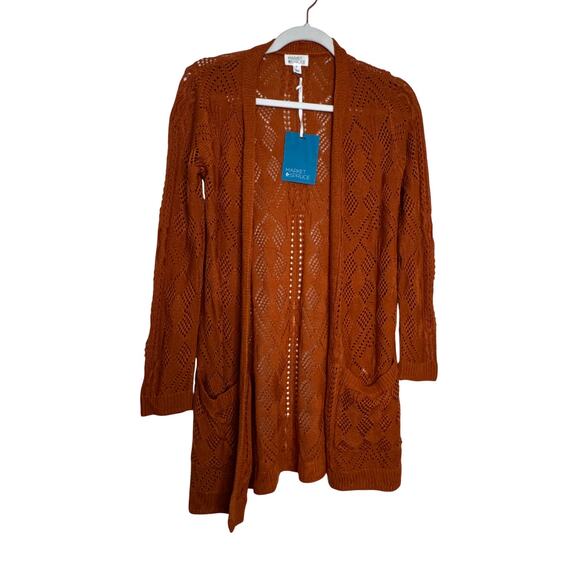 Market & Spruce Cecily Duster Cardigan XS NWT Orange Open Front Pointelle Knit - Picture 2 of 10
